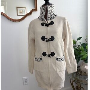 Even Women's Cream Black Toggle‎ Front Pockets Knit Cardigan Sweater